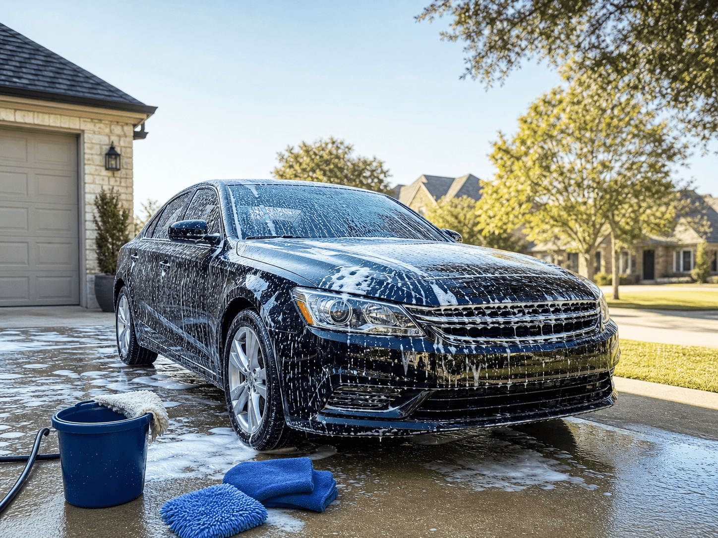 Foam-covered car being washed in a driveway